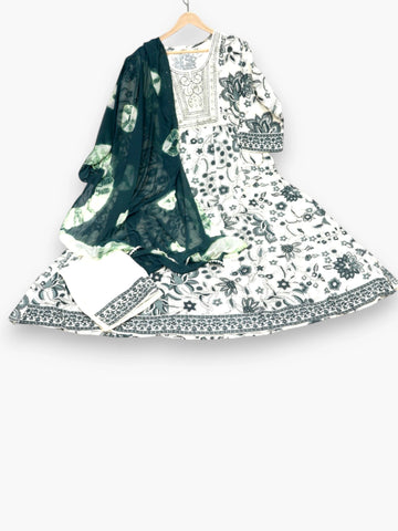 Jiarah Threadwork Floral Print Anarkali Kurta Pant Set with Dupatta