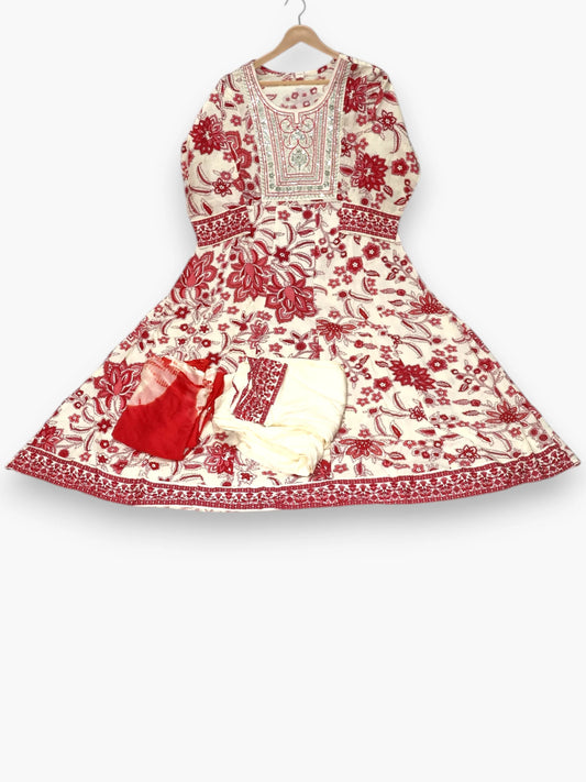 Jiarah Threadwork Floral Print Anarkali Kurta Pant Set with Dupatta