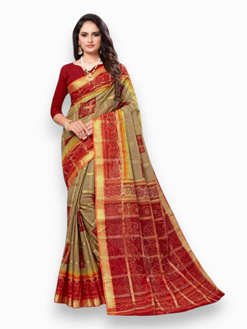 Jiarah Pure Cotton Zari Bandhani Printed Dual Tone Saree