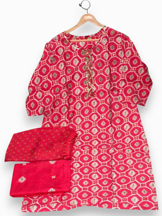 Jiarah Foil Print Sequins Work Silk Kurta Set with Dupatta