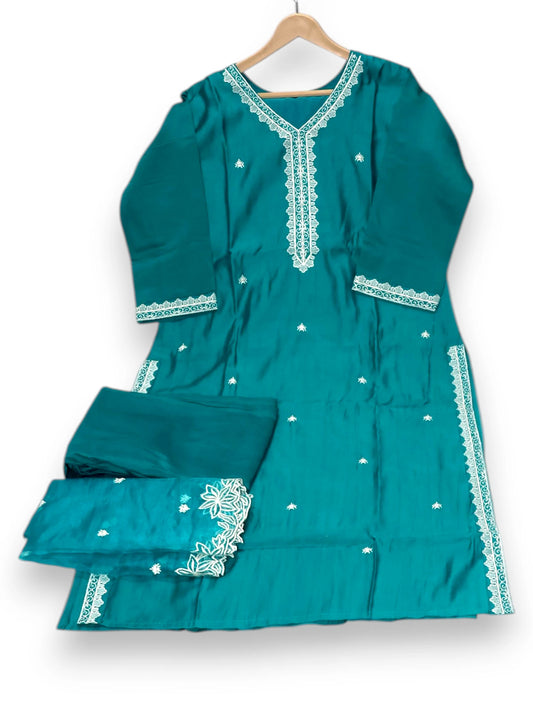 Jiarah Silk Embroidery Thread Work Straight Kurta Set With Dupatta
