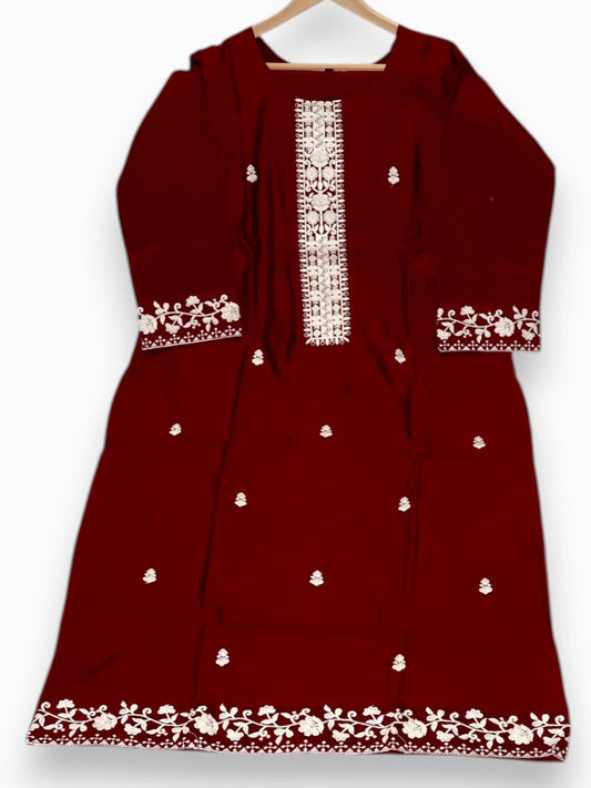 Jiarah Roman Silk Embroidery Work Straight Kurta Pant Set With Organza Dupatta