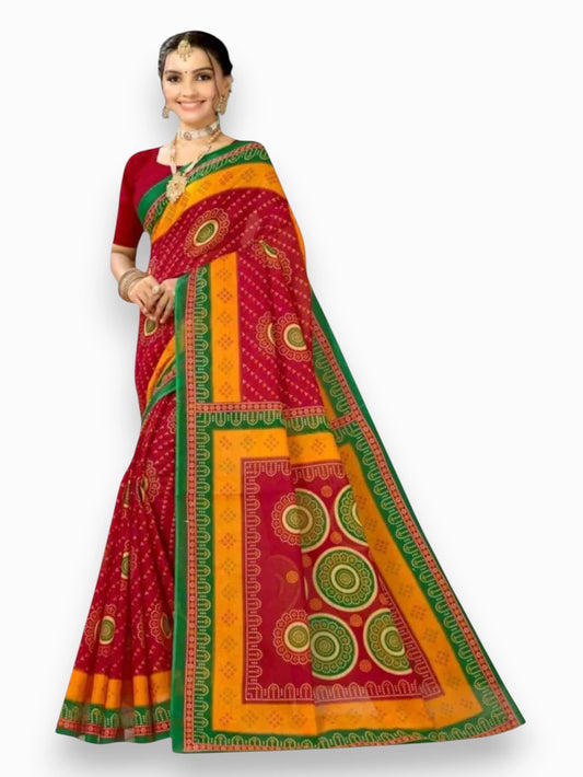 Jiarah Floral Bandhani Print Cotton Saree